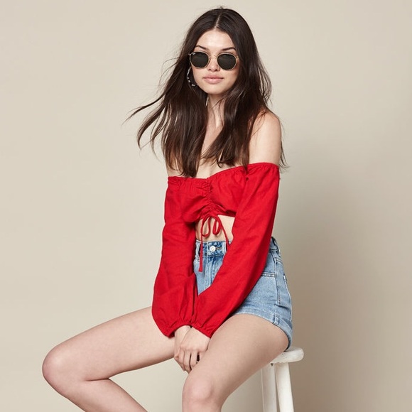 La Hearts Tops - Red Long Sleeve Cinched Off-the-Shoulder Crop Top